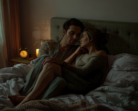  zdjęcie kobiety i mężczyzny na łóżku a obok stoi zegarek